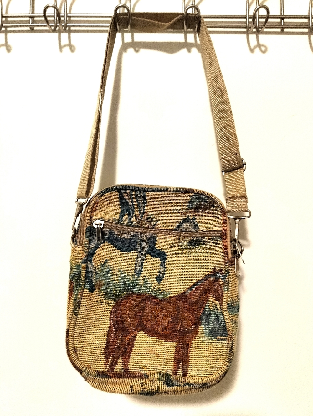 Jade Brown and Tan Horse Tapestry Crossbody Bag